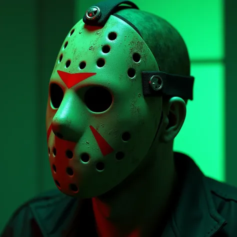 (Photorealism:1.2), Jason Voorhees ultra realistic profile with details on his mask , facing the photo, Neon green background, red reflection on your mask