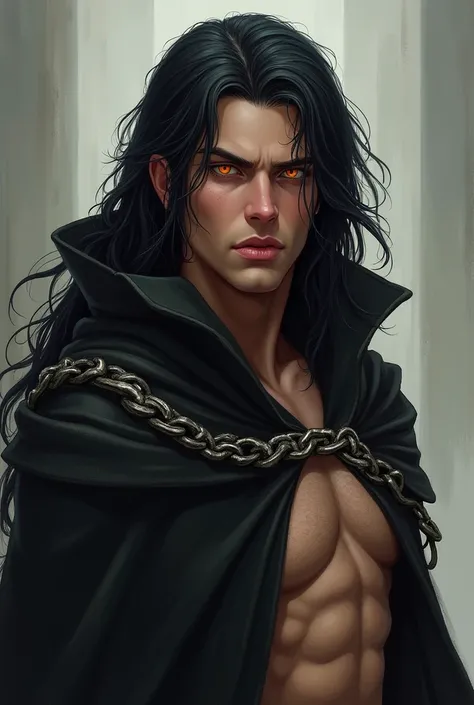 Barbarian Warrior, long, slightly wavy black hair, amber eyes with dragon-like pupils. Does not wear armor or clothing on the torso. Wears a black cloak with a chain that holds the ends of the cloaks collar.