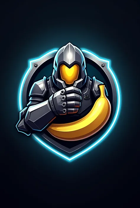 (((logo 3d:1.6))), ((logo render 3d:1.5)), ((( border of the white logo with light blue))), ((an armored hand squeezing a banana,  behind a metal circle )), sports logo design, esports logo, game logo, sports logo, esports, e-sports logo 3d, “team logo, sp...