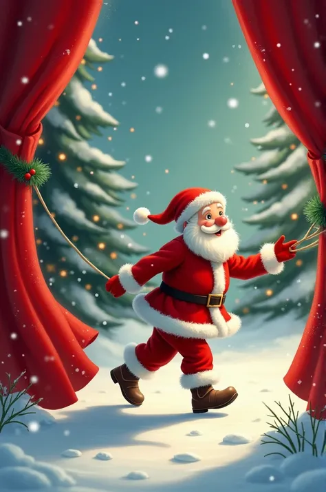 Santa Claus walking dragging a red curtain