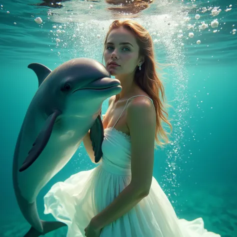 a woman in a flowing white dress underwater, with a dolphin,  underwater photo, hyperrealistic,  beautiful woman with long brown hair,  light teal blue water,  bubbles rising from the depths,  dress billowing around her, graceful pose, serene,  dolphin,  c...