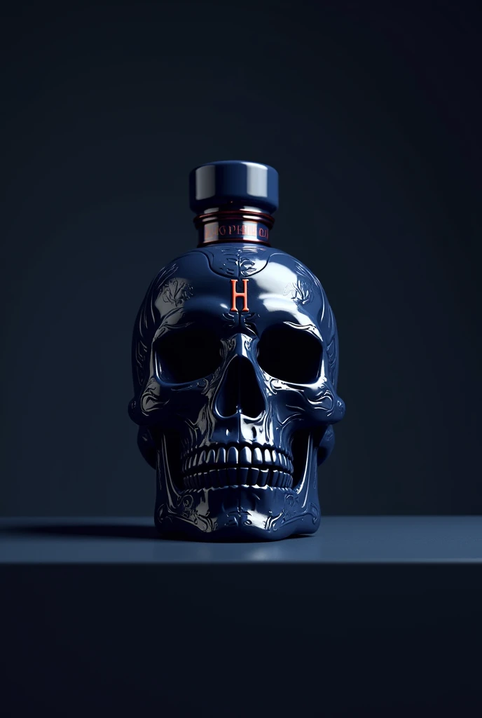 A perfume with a navy blue skull bottle with the initials BY HANSEL in red 