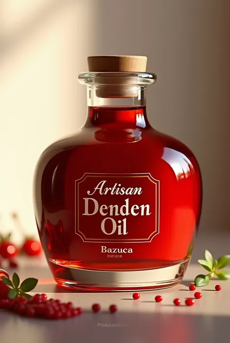 Create an image of a glass jar with denden oil in red, where the label contains the following writing: Artisan denden oil, Bazuca, below in small letters the following: produced in Angola