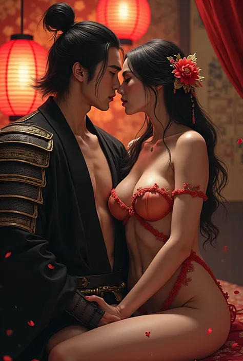 Ancient japanese brothel, interior of The brothel, feudal times, edo period, red light, fantasy world, strong samurai, beautiful women, nudity, masterpiece, detailed
