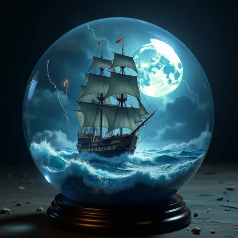 A glass sphere sculpture, concealed inside the sphere is a large Pirate Ship in a Lightning storm, large waves, in the dark, detailed image, 8k high quality detailed, the moon, shaped sphere, amazing wallpaper, digital painting highly detailed