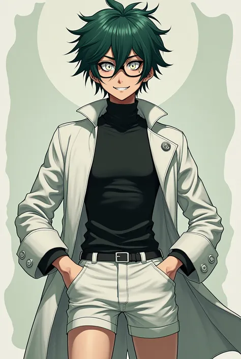 chico,  white shorts, black sleeveless turtleneck shirt,  white jacket ,  messy dark green hair , pupilas blancas, glasses, fangs, smile.