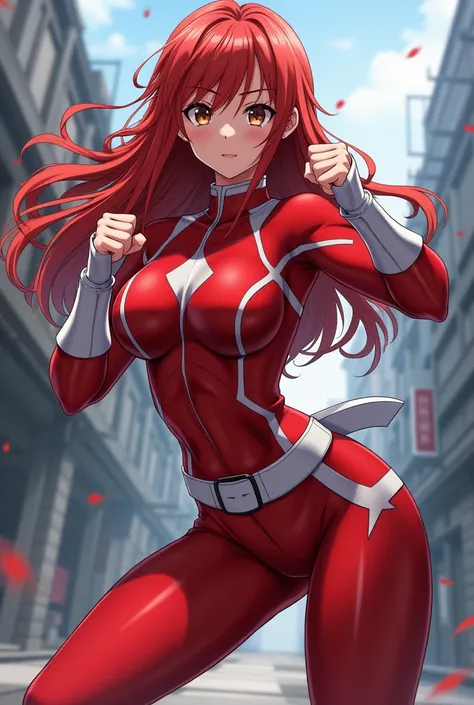  My Hero Academia style ,   anime girl , woman, young woman ,  full body shot ,( Fighting Stance :1.3),Long Hair,  red hair,  brown eyes , hero suit, Full Body Suit,  red suit with white details, perfect anatomy,  enhanced abs , super detailed,(building:1....