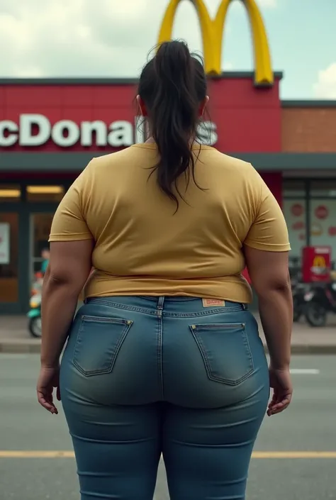 Cree une femme grosse de dos devant un mcdo 