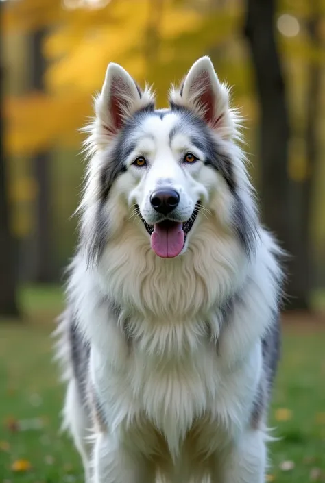 A very hairy white and gray Old English Shepherd dog in a park with trees