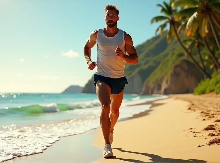 Make me a handsome man running in a beach