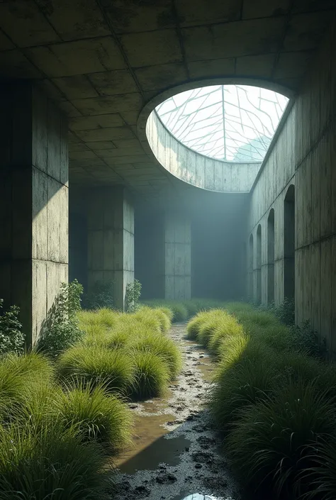   With a brutalist style inspired by Soviet architecture,  with massive structures and dim lighting , I want a mansion on a farm, like a bunker ,  with a glass roof , in a meadow ,  but on another planet ,  the floor and the plants are not the same color a...