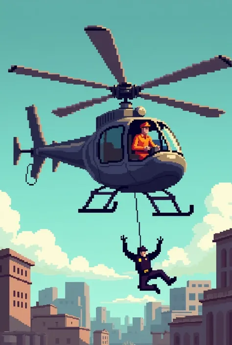 8-bit style Police helicopter .   There is a pilot in orange clothes and orange pants flying and the cop in the black uniform falls out of the helicopter 