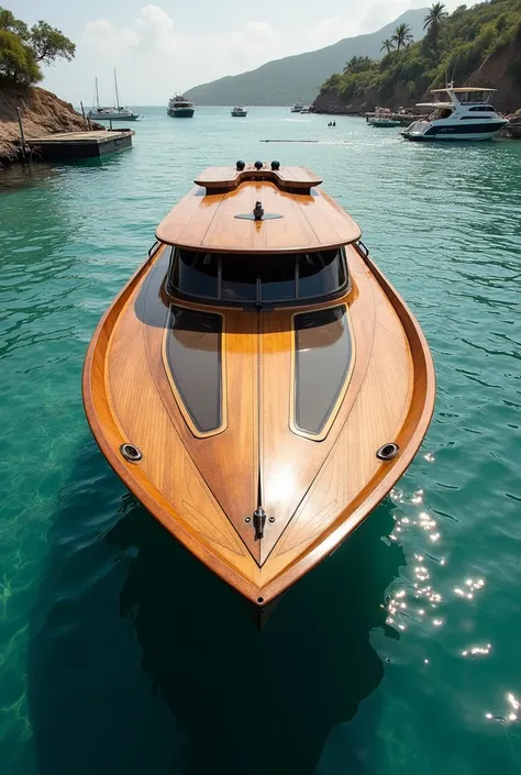 Make a picture of a modern wooden boat which has a design of traditional zanzibari boats but it also should be mixed with modern design . Make it nice