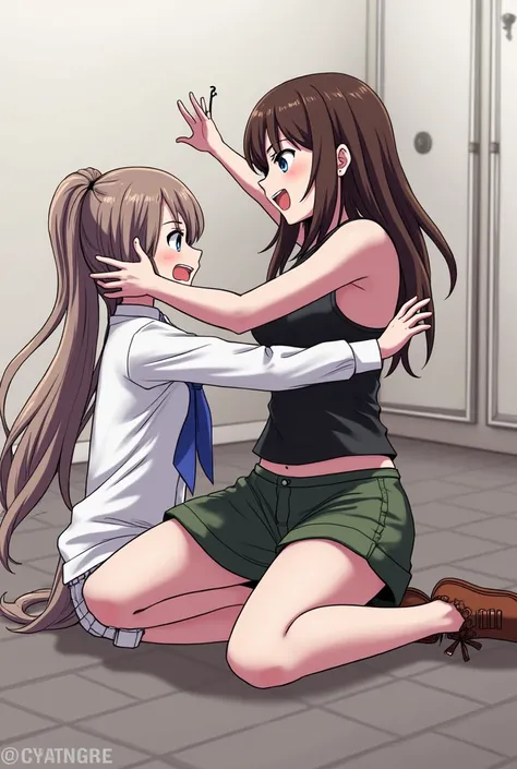 anime girl hangs over a second girl sitting on the floor and kicks her in the face 