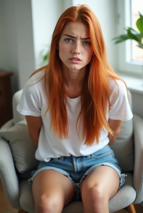 young woman with long, straight red hair, wearing a casual white shirt and denim shorts, sits on the edge of a chair with her legs slightly apart. Her hands are behind her back, and her expression is slightly embarrassed, as if caught in a vulnerable momen...