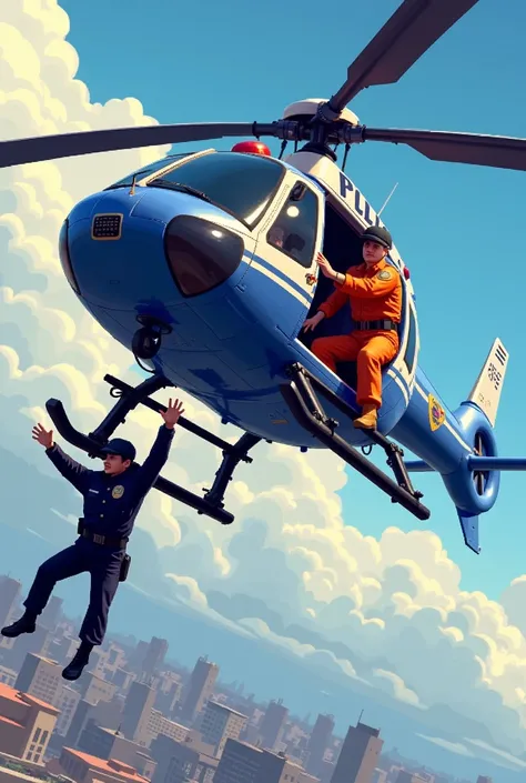 Police helicopter.  There is a pilot in orange clothes and orange pants flying and the policeman in the black uniform falls from the 8-bit police helicopter