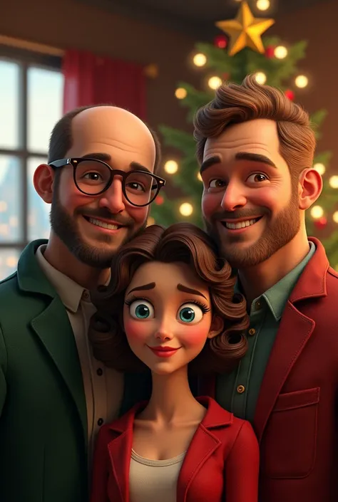 Bald man with glasses another tall very tanned man and woman with blue eyes brown hair with curlers at Christmas 