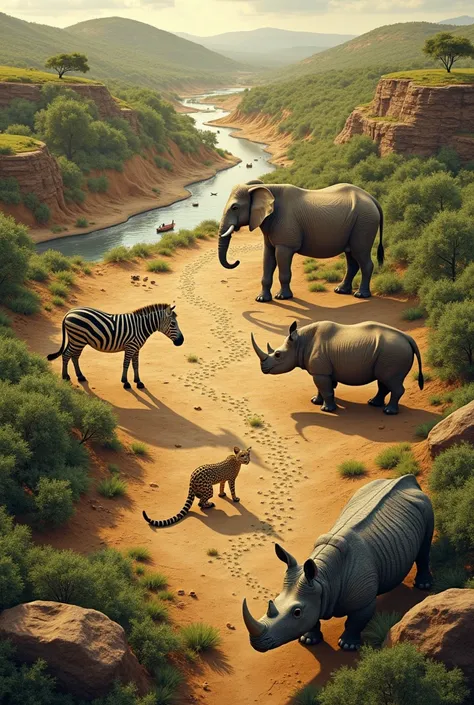 Safari map on which there will be zebra cheetah elephant crocodile and rhinoceros each animal separately 