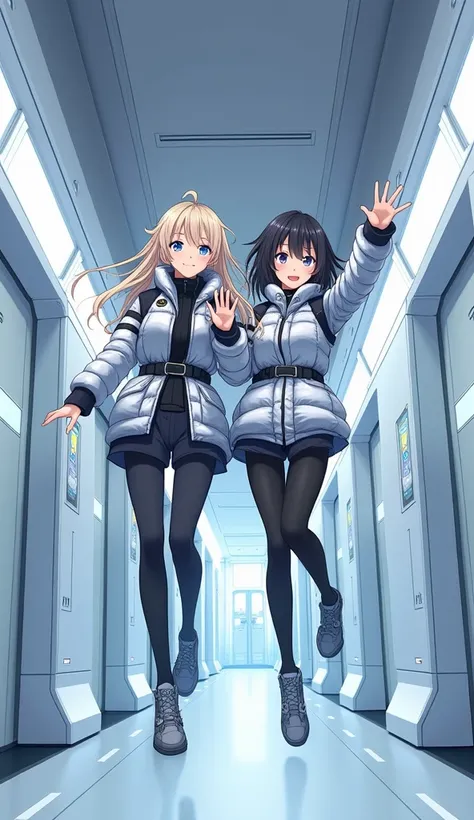 masterpiece, best quality, ultra-detailed, anime style, lovelive character style, 2female japanese idols in spacesuits floating in zero gravity, sci-fi corridor interior, sleek and futuristic white metallic walls and panels, dramatic upward angle view, bla...