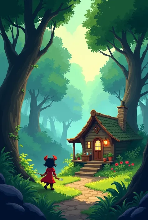 Nivel de um jogo 2d ao estilo de hollow knight, in the forest with a cozy little house. 2D drawing for a platform game
