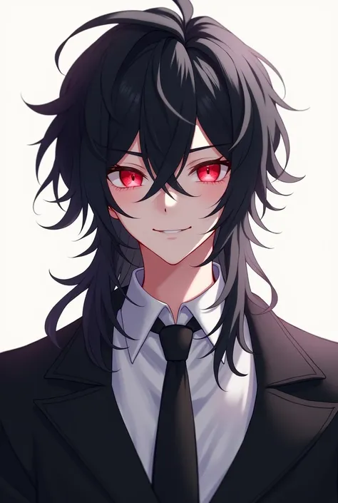 a male anime character, long shoulder-length messy black hair, sharp red eyes, happy facial expression, white shirt, black coat, black tie, high-quality, 8k, extreme detailed, vibrant colors, dramatic lighting, cinematic composition, digital art, portrait,...