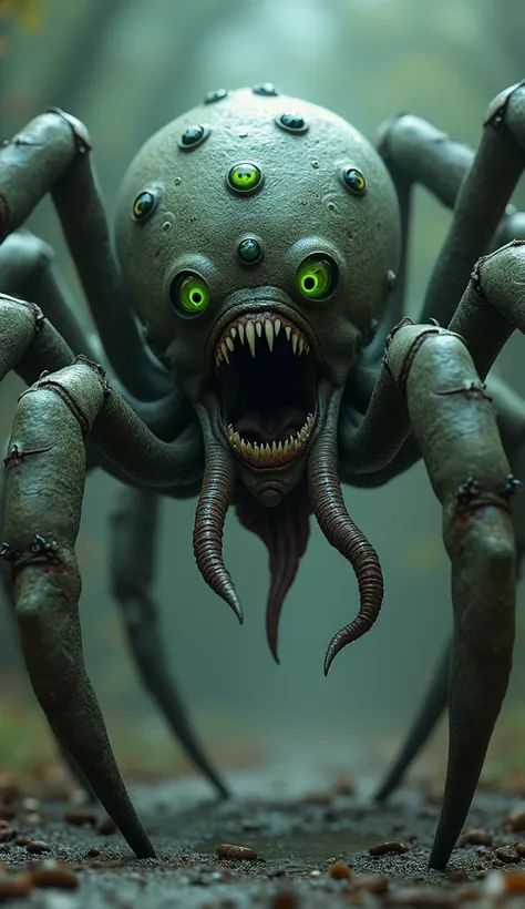  makes a humanoid spider monster 。 he has 6 bright green eyes 。 he has long arms covered with green eyes 。Also、 he has a huge mouth with fangs and a long tongue on his torso 。 his head has no mouth 、 he has 4 giant spider legs on his back 。