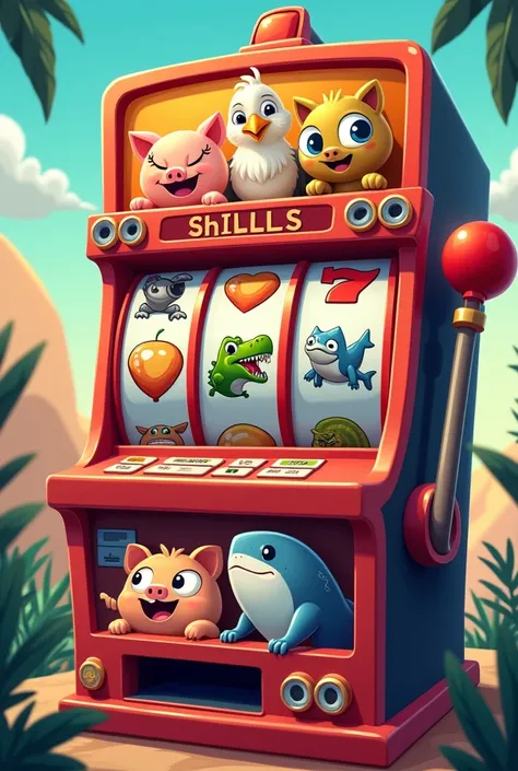 Make me a cartoon slot machine in which I have touched a pig, an eagle, a crocodile and a shark 