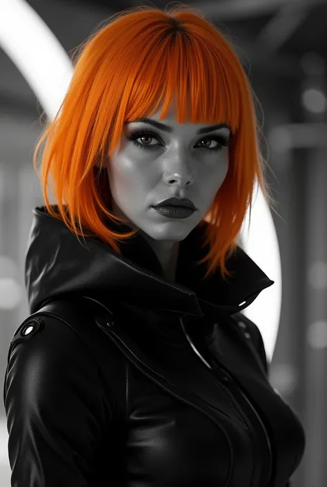 Style Patrice Garcia Noir et blanc,  in the style of Leeloominai in the movie The Fifth Element by Luc Besson, representing an original woman from the future with orange hair  