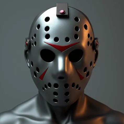 (Photorealism:1.5),  Jason Voorhees steel mask sharp profile, details, realistic, front profile ,  red reflection on steel mask , Not so close without cropping the photo, without eyes