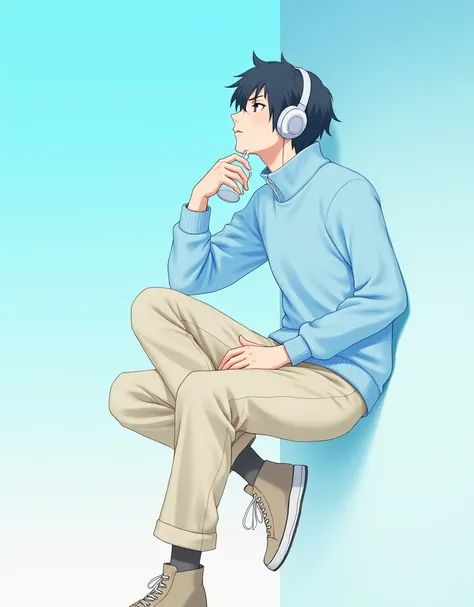 "An anime-style illustration of a young individual leaning back against a wall with one foot propped up. They are dressed in a sky-blue sweater and beige pants, with beige sneakers. Headphones are over their ears, and they hold a drink in one hand. The bac...