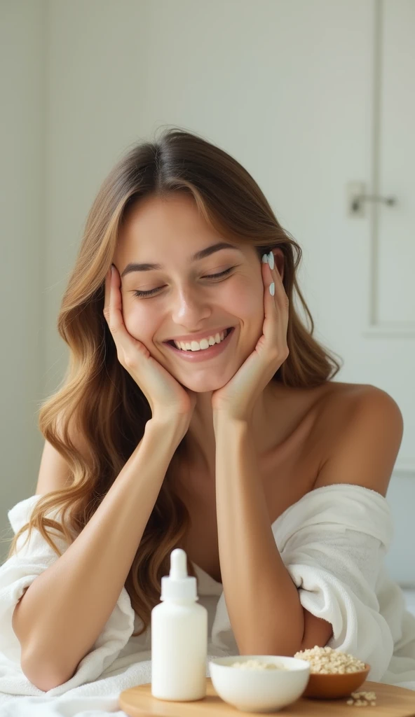 A serene and relaxing image of a 35-year-old woman with long hair, a cheerful expression and sensitive skin applying a gentle, fragrance-free moisturizer to her face in a calm and tranquil setting. The scene includes soft natural lighting, a minimalist ski...