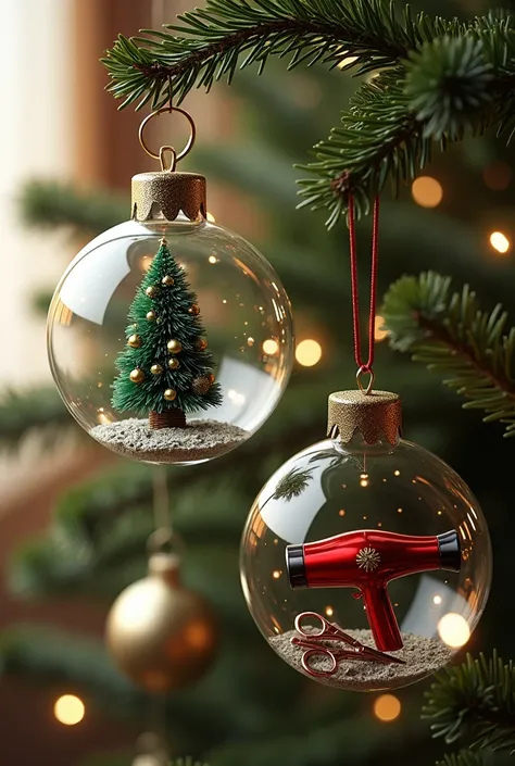 An image with a Christmas tree in one ball, hairdressing scissors, in another ball, a hair dryer and in another a hair clipper. 