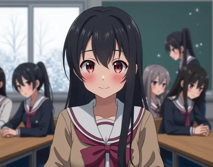  long black hair and a female junior high school student with one side up attend a meeting in a classroom with a stove, profile, Pixiv visual novel CG , ,(( One Side Up Hairstyle)), ;   ecchi anime style, Droopy eyes, smooth anime cg art, Talking  ,  playf...