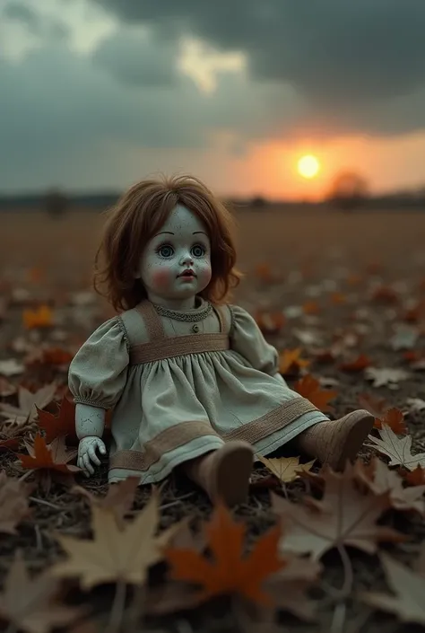  A lonely doll amidst dry leaves in a deserted field, with the setting sun in the background. The atmosphere is melancholy, with dark clouds rising on the horizon .