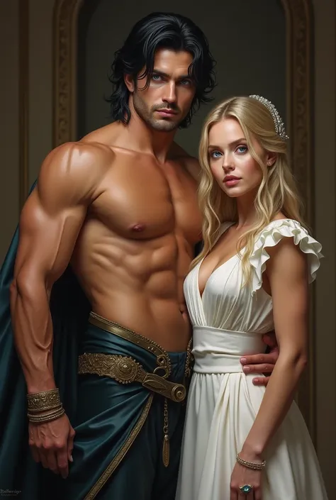  Beautiful king with black hair , shirtless, no beard,  Blue Eyes ,  next to him a beautiful blonde woman, dressed as a maid  