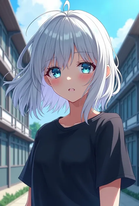 anime character, snow white hair, bangs cover a little of the eyes, beautiful blue vibrant eyes, black shirt, athletic body, is in school