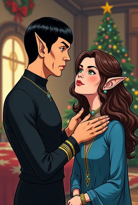 Spock from Star Trek with pointed ears and brown eyes, wearing a medieval black tunic, he places a necklace with blue jewelry around the neck of his wife with long curly brown and curly hair and green eyes and small pointy ears, wearing a medieval blue dre...