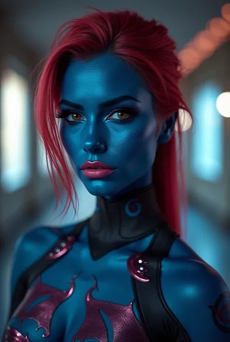 A female img realistic render of the subject in a mystique costume bodypaint from xmen HD, mystique body paint, full body shot, cinematic still, full-lenght  shot, detailed  face, digital art, cel shading, vivid colors, ambient, full body shot