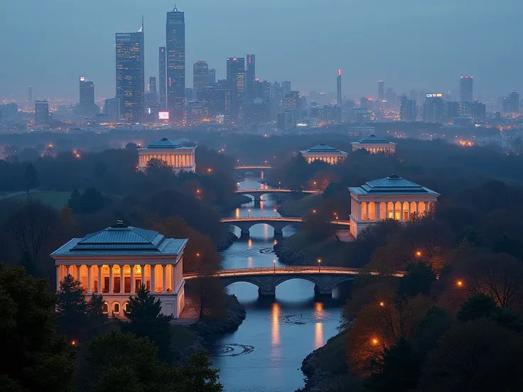  Real night panorama :  vast wooded metropolis ;  neoclassical architecture , Historic buildings, palaces, The,  sparkling rivers meandering , bridges, boats,  conifers color autumn , luxury, Parks,  modern gardens , Sources.  Distant futuristic skyline in...