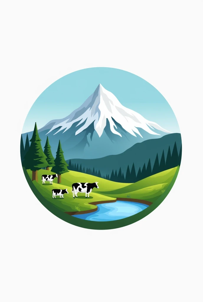 Create a circular logo design. The logo should be named "Dağdibi Süt ve Süt Ürünleri" (Dağdibi Dairy and Dairy Products). In the background, there should be the majestic Uludağ mountain, with its snowy peak and green slopes. On the slopes, small cows shoul...