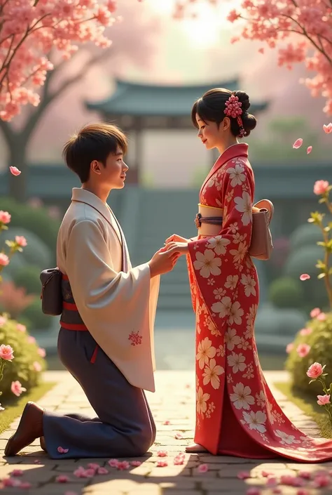  A couple proposing to each other dressed in kimono, the man kneeling 