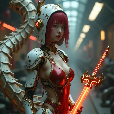 (best quality), future, (1 girl,korea face sexy  girl , pale skin, (body heigth:140cm), innocent look, Young face, hair undercut,NFSW, solo, miko motif exoskeleton suit, led, gas mask, holding blade, machinery, digital engraving, ultra highres, absurdres, ...