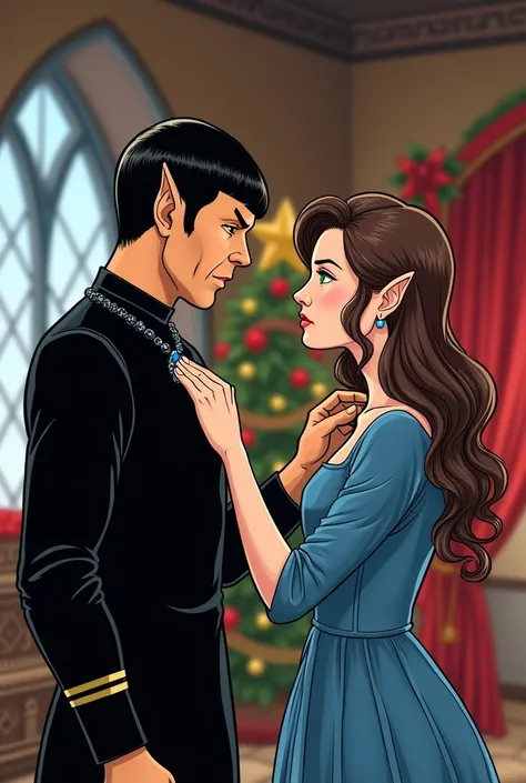 Spock from Star Trek with pointed ears and brown eyes, wearing a medieval black tunic, he places a necklace with blue jewelry around the neck of his wife who has her back to him, with long brown and curly curly hair and green eyes and small pointy ears, we...