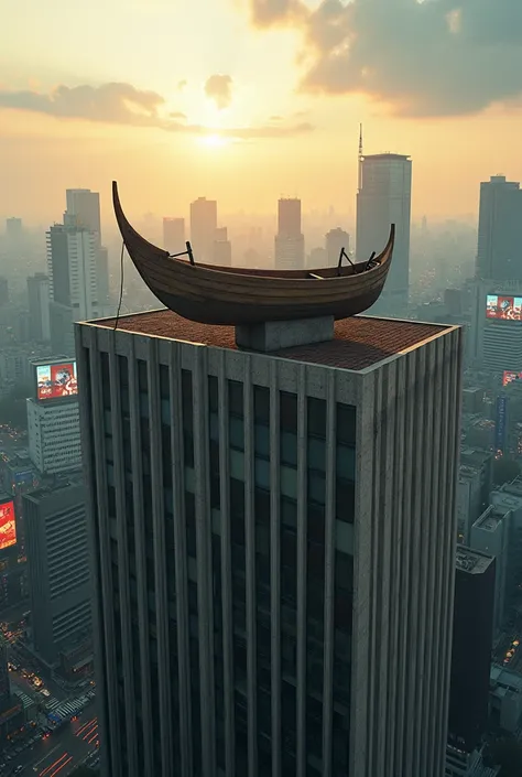 Just a boat off a roof of a building at noon in Tokyo