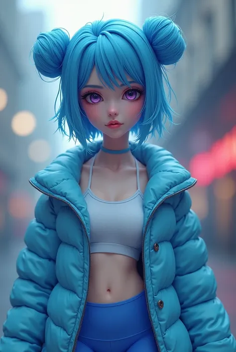 Beautiful girl Adult, short blue hair, buns on both sides,Purple eyes, pale red small lips. Open blue jacket. Blue leggings. Hd. 3d . Blurred background. Rn Focus on her. 