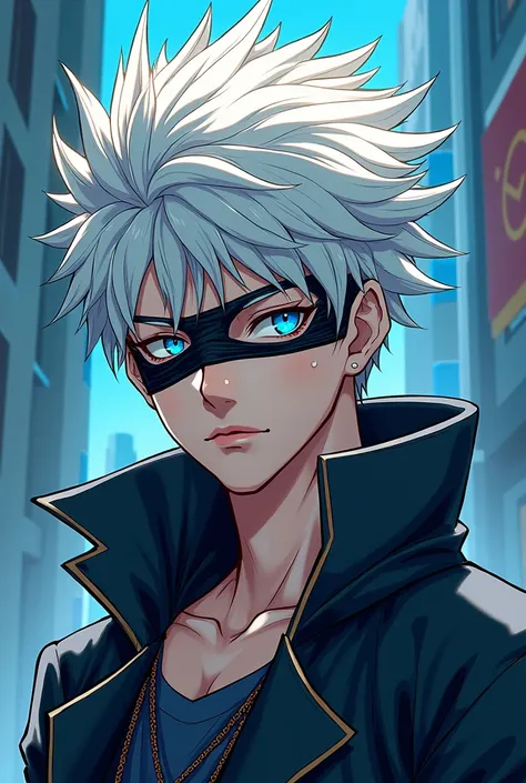 Young man with bright blue eyes ,  tall white hair, Manga style, with a black bandage around the eyes and raised by one of the eyes