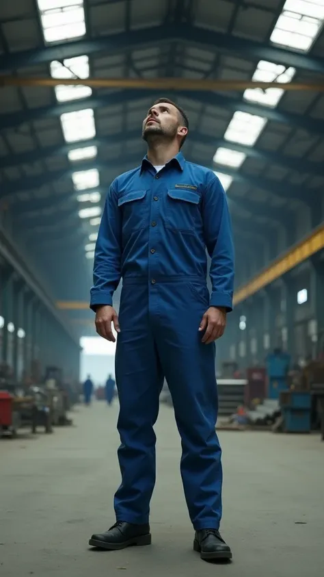 A man wearing a blue jumpsuit stands inside a metallurgy workshop with a light-colored concrete floor, a metal ceiling with trusses, and several skylights. The camera focuses on a close-up of his face as he looks upward, concentrating and taking a deep bre...