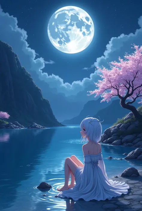 Draw me a charming crescent moon stuck between two high mountains at midnight and the calm and clear sea covering everything under these slopes and cherry blossom trees emerging from the sea and cherry blossoms falling into the sea in a cold and longing ai...