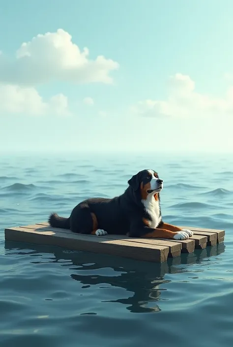 Bernese dog on a raft at sea