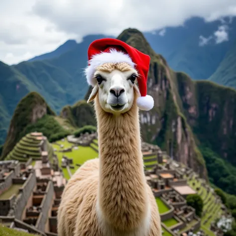 Very realistic photo of a llama in Machu Picchu wearing a Santa Claus hat not very contrasting